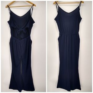 Spaghetti Strap V Neck Tie Back Navy Jumpsuit